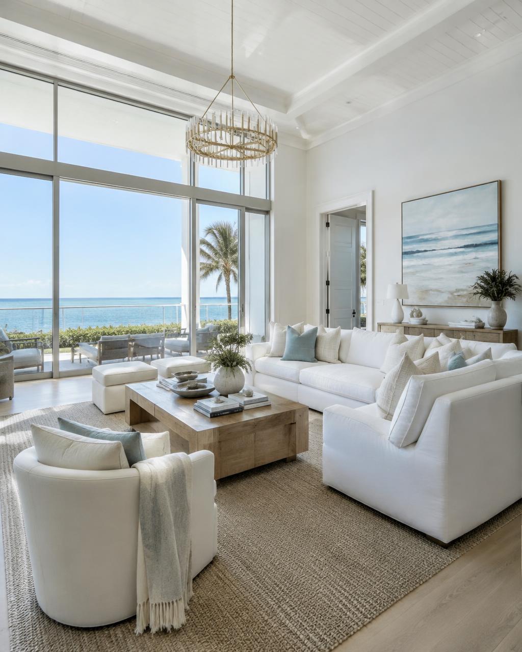 Bright luxury coastal living room with ocean view